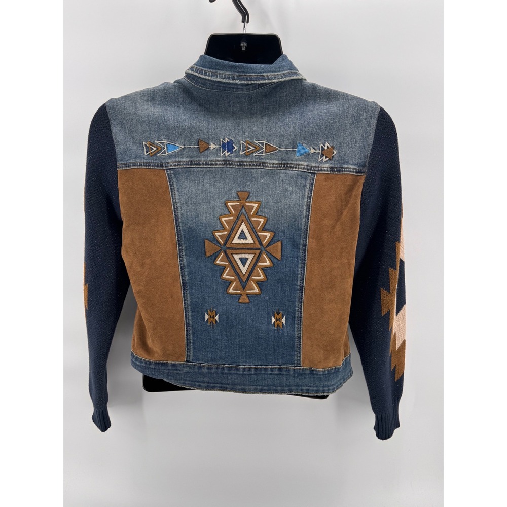 Scully Honey Creek Aztec Embroidered Denim Jacket Knit‎ Sleeve Western Small S - Picture 3 of 5